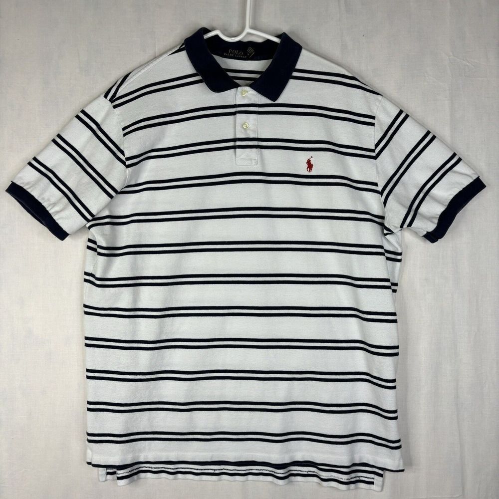Polo Ralph Lauren Shirt Mens  2X White Blue Stripe Short Sleeve Cotton Mesh Pony